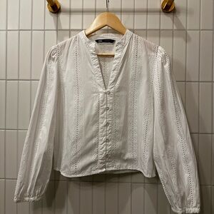 Zara white Eyelet Button-Up Blouse